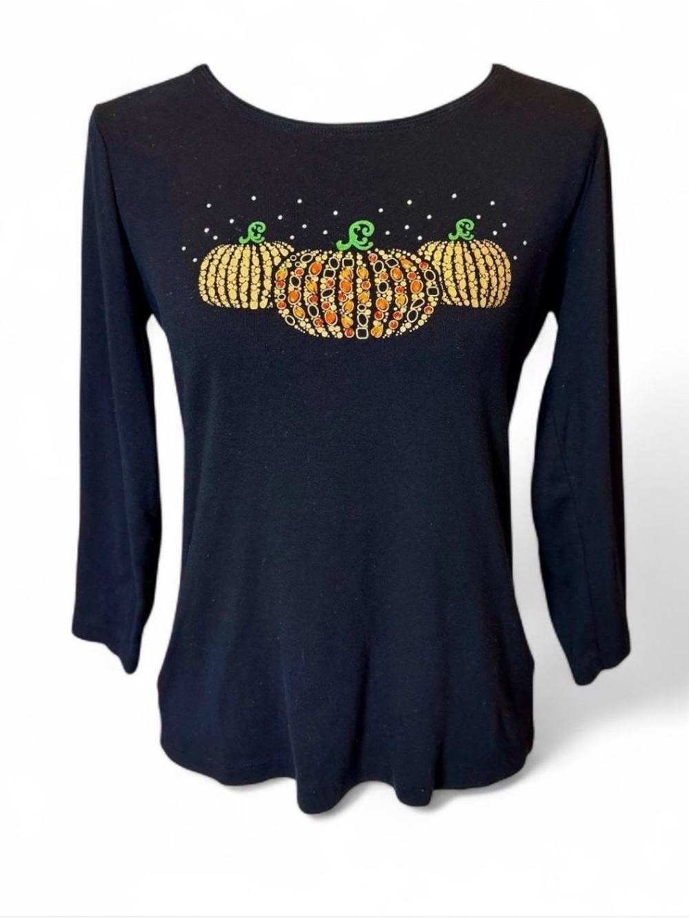 Karen Scott Black Long-Sleeve Top with Rhinestone Pumpkins Size S